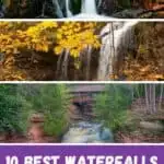 waterfalls falling through rocks; large waterfall with yellow leaves at forefront; Amnicon Falls State Park waterfall with a covered bridge