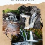 levels of the Waterfalls with trees on the upper part and reddish sand on the forefront in in Copper Falls State Park Wisconsin; waterfalls falling through rocks