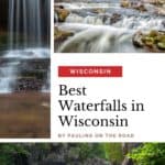 a straight waterfall cascading through a big rock inside a forest ; waterfalls going through a body of water with brown and black rocks; gushing water flowing from dave's falls in wisconsin surrounded by large rocky formations