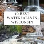 levels of the Waterfalls with trees on the upper part and reddish sand on the forefront in in Copper Falls State Park Wisconsin; a straight waterfall cascading through a big rock inside a forest ; gushing water flowing from dave's falls in wisconsin surrounded by large rocky formations; waterfalls going through a body of water with brown and black rocks