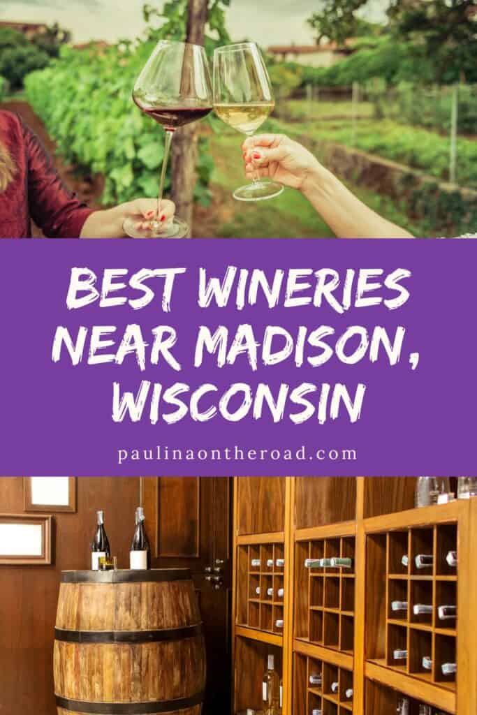 Close up of two people's hands toasting glass a red and white wine in front of a vineyard; a wine cellar wine bottles on top of a wooden barrel and shelves