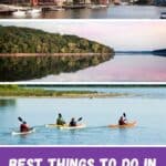 a river with boats and red brick buildings; a crystal clear reflection of lake geneva - island filled with trees - with the blue and pink hues of the sky; group of people kayaking in door county