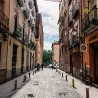 Street view of Las Letras or Literary Quarter in Madrid. It's a neighbourhood in the centre of Madrid which combines literature, entertainment, shopping, and good food. Touring the area is one of the unique experiences in Madrid.