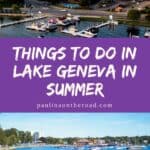 aerial view of the front of one of the Wisconsin summer resorts with cruise ships on the lake; paved path along the shoreline of Lake Geneva