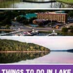 a bridge over a lake with its reflection on the lake inside a park; aerial view of the front of one of the Wisconsin summer resorts with cruise ships on the lake ; a crystal clear reflection of lake geneva - island filled with trees - with the blue and pink hues of the sky