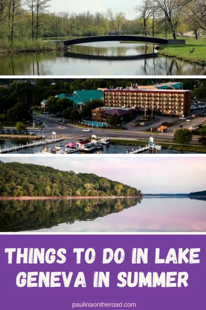 a bridge over a lake with its reflection on the lake inside a park; aerial view of the front of one of the Wisconsin summer resorts with cruise ships on the lake ; a crystal clear reflection of lake geneva - island filled with trees - with the blue and pink hues of the sky