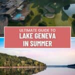 aerial view of the Grand Geneva Resort & Spa, Wisconsin; a crystal clear reflection of lake geneva - island filled with trees - with the blue and pink hues of the sky