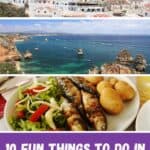 Pinterest pin about Algarve in August featuring a collage of images showing a beautiful beach with calm, blue water and white sand, a plate of grilled seafood, including shrimp, mussels, and lobster, and a vibrant city scene with colorful buildings and palm trees.