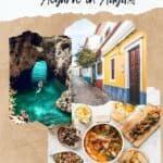 Pinterest pin about Algarve in August showing a collage of images featuring a rocky beach with crashing waves, a plate of seafood, including shrimp, clams, and a lobster, and a historic town with colorful buildings.