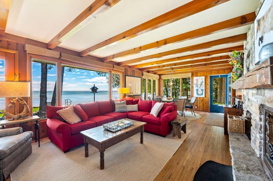 colorful living room with great views at Shoreline Retreat on Lake Michigan in Door County, Wisconsin