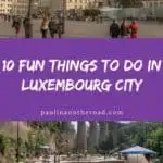 Pinterest pin about fun things to do in luxembourg city showing a photo of Place Guillaume II, a large square in Luxembourg City, featuring a equestrian statue of Grand Duke Guillaume II in the center. It also shows playground equipment with a slide and a tower shaped like a lighthouse in Parc de Ville.