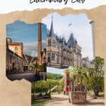 Pinterest pin about fun things to do in luxembourg city showing a photo of the grand ducal palace with the luxembourg flag on top, a row of colorful buildings with a tall chimney in the Clausen district, and playground equipment with a slide and a tower shaped like a lighthouse in Parc de Ville.