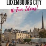 Pinterest pin about fun things to do in luxembourg city showing a photo of Place Guillaume II, a large square in Luxembourg City, featuring a equestrian statue of Grand Duke Guillaume II in the center.