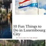 Pinterest pin about fun things to do in luxembourg city showing a photo of the grund district at night, the luxembourg flag with blue sky in the background, and a vibrant aerial photograph capturing the sprawling layout of Skatepark Péitrussl.