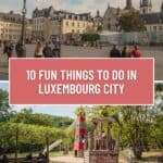 Pinterest pin about fun things to do in luxembourg city showing a photo of Place Guillaume II, a large square in Luxembourg City, featuring a equestrian statue of Grand Duke Guillaume II in the center. It also shows a photo of playground equipment with a slide and a tower shaped like a lighthouse.