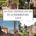 Pinterest pin about fun things to do in luxembourg city showing a photo of parc de ville, bock casemates, grund district at night, and clausen district