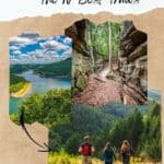 Pinterest pin about hiking in Luxembourg showing photo of Upper Sûre Lake from Belvedere platform, mullerthal trail, and three hikers taking in the view