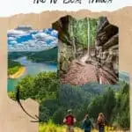 Pinterest pin about hiking in Luxembourg showing photo of Upper Sûre Lake from Belvedere platform, mullerthal trail, and three hikers taking in the view