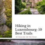 Pinterest pin about hiking in Luxembourg showing photo of bock casemates, Upper Sure Lake with lone kakayer, and aerial view of Eislek trail