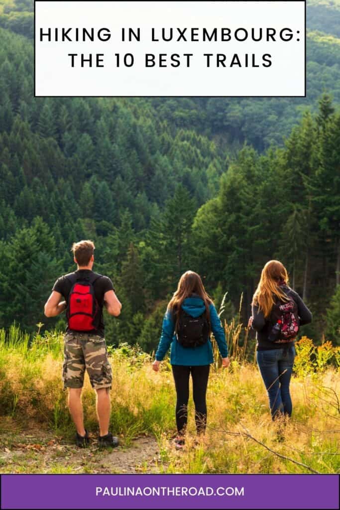 Pinterest pin about hiking in Luxembourg showing photo of three hikers standing in grassy hill taking in the mountain view