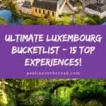 A Pinterest pin about Luxembourg Bucketlist showing two scenic locations in Luxembourg: a quaint town square with colorful buildings and a cascading waterfall surrounded by lush greenery.