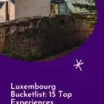 A Pinterest pin about Luxembourg Bucketlist showing a photo of a huge historical building with huge glass windows and yellow lighting coming from inside.