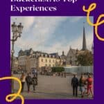 A Pinterest pin about Luxembourg Bucketlist showing a photo of an old town square with people shopping and walking around.