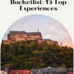 A Pinterest pin about Luxembourg Bucketlist showing a photo of a castle perched on top of a hill with an old town below.