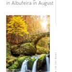 A Pinterest pin about Luxembourg Bucketlist showing a photo of a tri-part waterfall surrounded by yellow-green scenery in a forest.