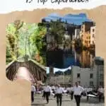 A Pinterest pin about Luxembourg Bucketlist showing an image of old buildings with a small river, a walkway in a lush forest, and men wearing white dancing with hankerchiefs.