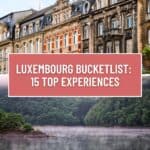 A Pinterest pin about Luxembourg Bucketlist showing a row of old historical buildings with traditional European architecture and a man kayaking on a calm lake, surrounded by lush greenery.