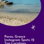 A Pinterest pin about Paros Greece Instagram spots featuring a photo of Kolympethres Beach on Paros island, showcasing its stunning rock formations, crystal-clear turquoise waters, and sandy shoreline.