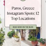 A Pinterest pin about Paros Greece Instagram spots featuring a photo of a narrow cobblestone street lined with whitewashed buildings adorned with pink bougainvillea and potted plants.