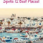 A Pinterest pin about Paros Greece Instagram spots featuring a photo of a bustling harbor with whitewashed buildings, boats, and palm trees in the background.