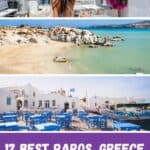 A Pinterest pin about Paros Greece Instagram spots featuring three photos in a collage: a woman in a white dress and hat sitting at an outdoor cafe overlooking a whitewashed town, a photo of a sandy beach with crystal-clear turquoise water and rock formations, and a photo of a whitewashed town with blue doors and windows, and a waterfront cafe with blue chairs and tables.