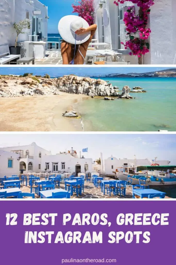 A Pinterest pin about Paros Greece Instagram spots featuring three photos in a collage: a woman in a white dress and hat sitting at an outdoor cafe overlooking a whitewashed town, a photo of a sandy beach with crystal-clear turquoise water and rock formations, and a photo of a whitewashed town with blue doors and windows, and a waterfront cafe with blue chairs and tables.