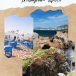 A Pinterest pin about Paros Greece Instagram spots featuring a photo of a cafe with blue chairs and tables overlooking the sea, a photo of a rocky coastline with a cave, and a photo of a tree trunk covered in moss.