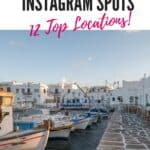 A Pinterest pin about Paros Greece Instagram spots featuring a picturesque harbor with whitewashed buildings, boats, and a stone pier.