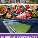 A Pinterest pin about 10 Unique Experiences in Madrid showing a photo of Prado Museum with the Spanish flag in its roof, a selection of different tapas, and an aerial view of Santiago Bernabeau Stadium