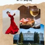 A Pinterest pin about 10 Unique Experiences in Madrid showing a photo of a tapas selection with a glass of white wine, a flamenco dancer wearing a red dress, and the facade of the royal palace in madrid with two towering trees in the garden