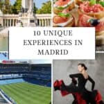 A Pinterest pin about 10 Unique Experiences in Madrid showing a photo of Retiro Park with people rowing boats in the lake, a selection of different tapas, aerial view of Santiago Bernabeau Stadium, and a Flamenco Dancer wearing a black and red dress