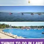 a colorful hot air balloon is flying in the sky being hidden in the sun; several speedboats docked on the beautiful waters of lake geneva, wisconsin; paved path along the shoreline of Lake Geneva