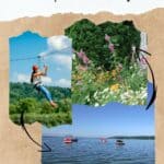 young woman wearing a white top, jeans, sandals, and red helmet riding a zipline in lush forest; variety of wild growing flowers at black point estate and gardens in lake geneva wisconsin; several speedboats docked on the beautiful waters of lake geneva, wisconsin