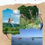 young woman wearing a white top, jeans, sandals, and red helmet riding a zipline in lush forest; variety of wild growing flowers at black point estate and gardens in lake geneva wisconsin; several speedboats docked on the beautiful waters of lake geneva, wisconsin