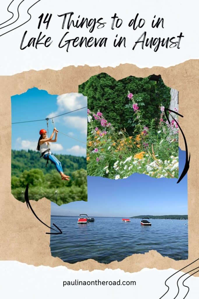 young woman wearing a white top, jeans, sandals, and red helmet riding a zipline in lush forest; variety of wild growing flowers at black point estate and gardens in lake geneva wisconsin; several speedboats docked on the beautiful waters of lake geneva, wisconsin