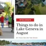 aerial view of the Grand Geneva Resort & Spa, Wisconsin; looking down sidewalk in downtown shopping district with two people walking and clothes hanging; paved path along the shoreline of Lake Geneva