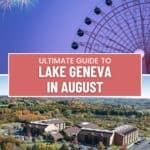 a ferris wheel with colorful fireworks in the sky; aerial view of the Timber Ridge Lodge & Waterpark, Wisconsin surrounded with trees