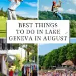 a golfer about to hit a ball; young woman wearing a white top, jeans, sandals, and red helmet riding a zipline in lush forest; looking down sidewalk in downtown shopping district with two people walking and clothes hanging ; many people on Riviera Beach in Lake Geneva with trees at the back under a blue sky with clouds