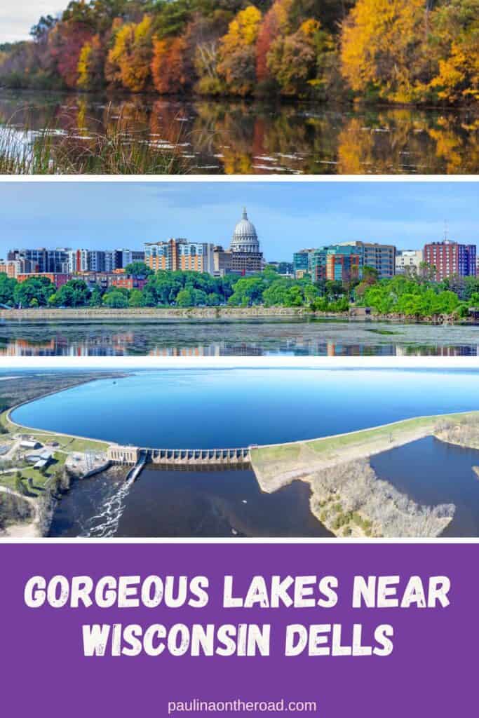 a river surrounded by autumn foliage with reflections on the lake; Madison cityscape reflecting on the lake Monona on a foreground during a nice day; an aerial view of a dam on the water