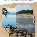 a view of the lake with a dock and ducks swimming from the deck of a house; a lake with sand and trees in the background; Rocky shoreline of a Wisconsin lake